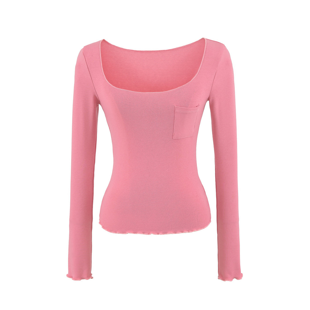 Damen Figurbetontes geripptes Langarmshirt mit weitem Quadrat-Ausschnitt und Brusttasche Echoarchiv