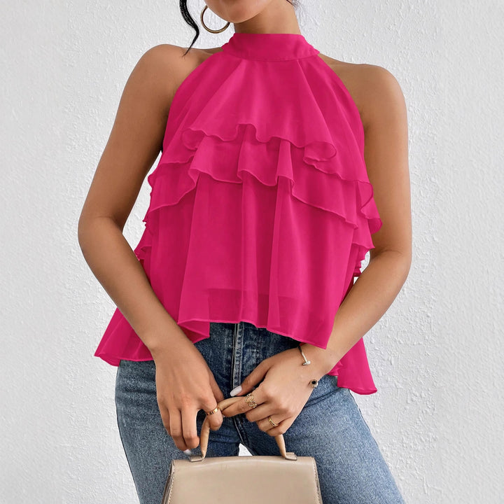 Damen Luftiges Chiffon-Top mit Stehkragen und mehrlagigen Volants Echo Archiv