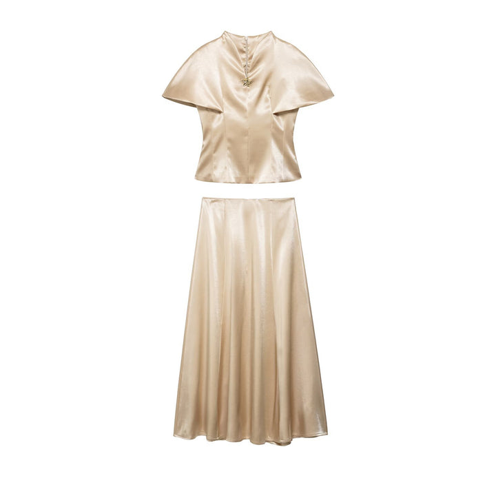 Damen Zweiteiliges Satin-Set mit Cape-Top und fließendem A-Linien-Rock Echo Archiv