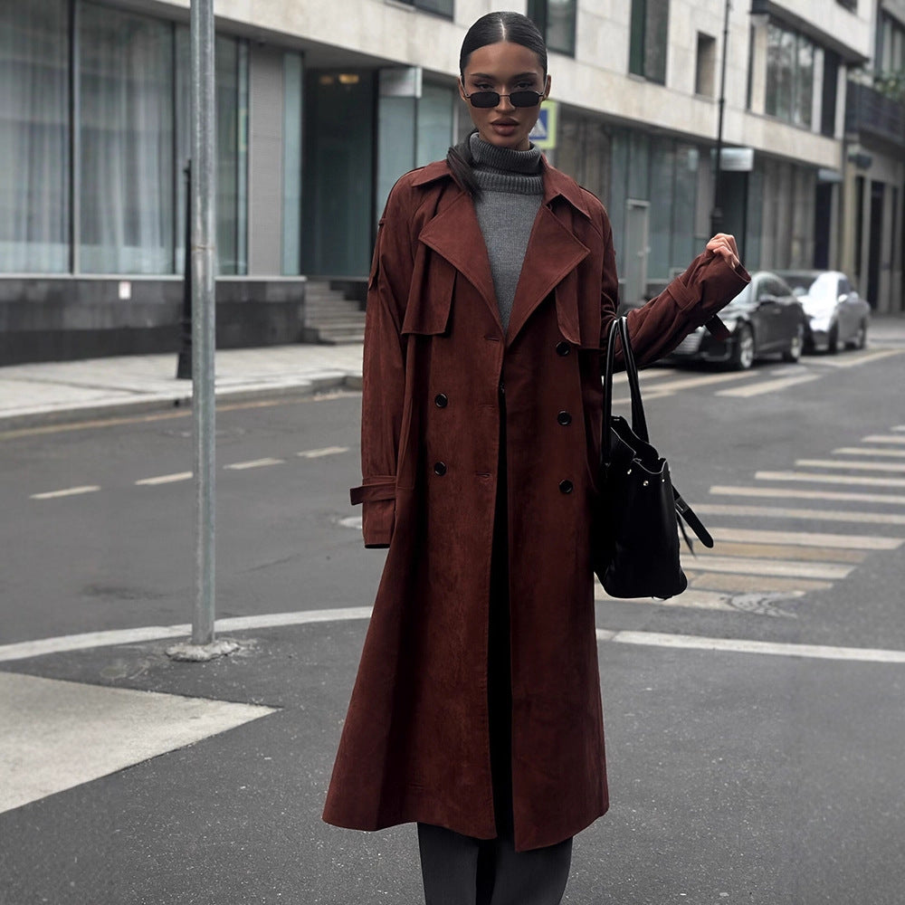 Damen langer Trenchcoat aus Veloursimitat mit doppelter Knopfleiste Echoarchiv