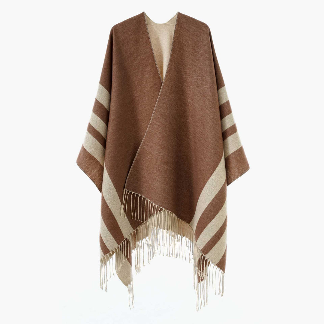 Damen Wendbarer Strickcape-Poncho mit Fransen und kontrastierenden Streifen – Avérine