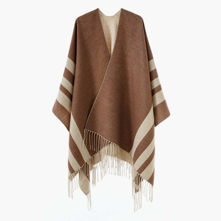 Damen Wendbarer Strickcape-Poncho mit Fransen und kontrastierenden Streifen – Avérine