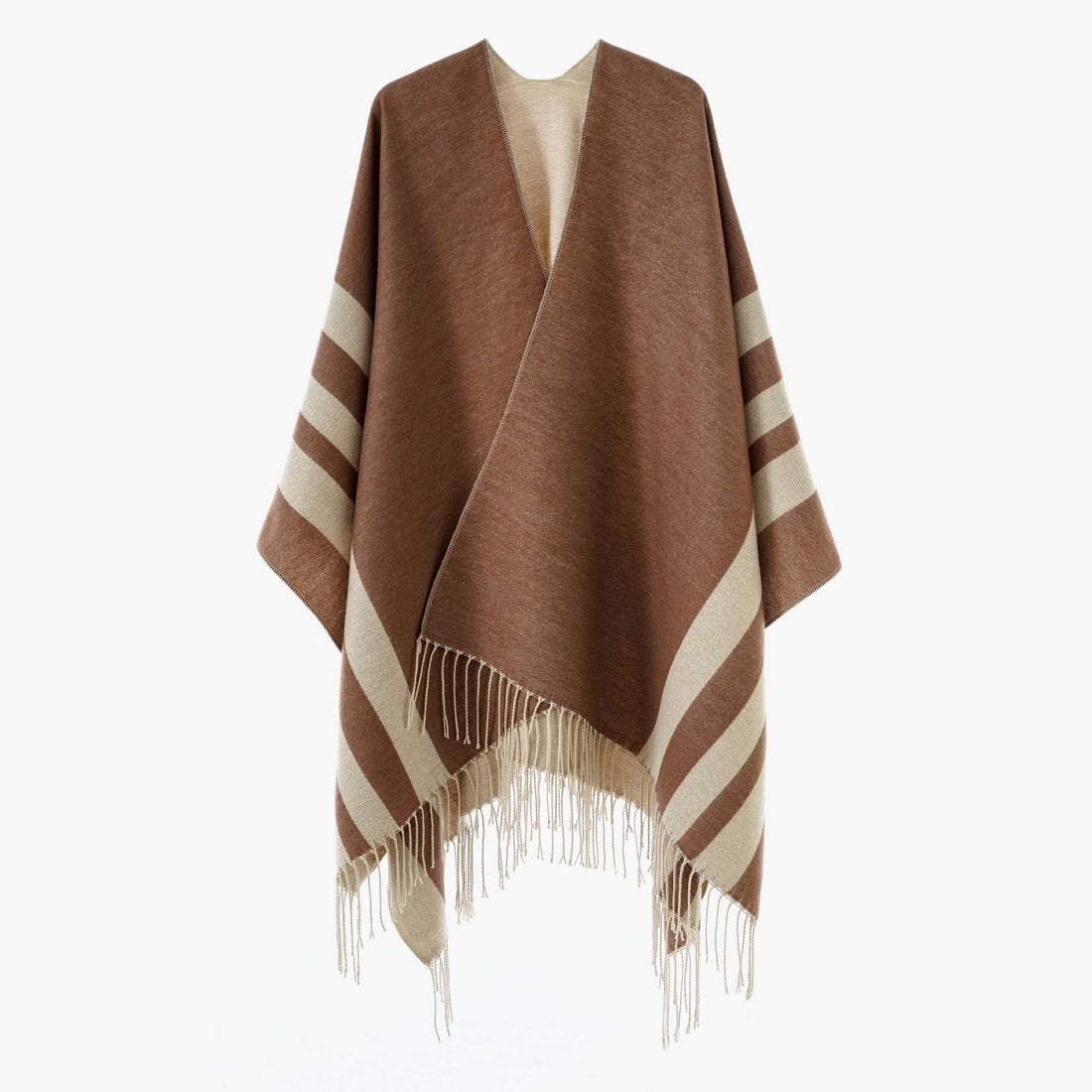 Damen Großer Wollmix Fransenponcho mit diagonalen Kontraststreifen – Célinea