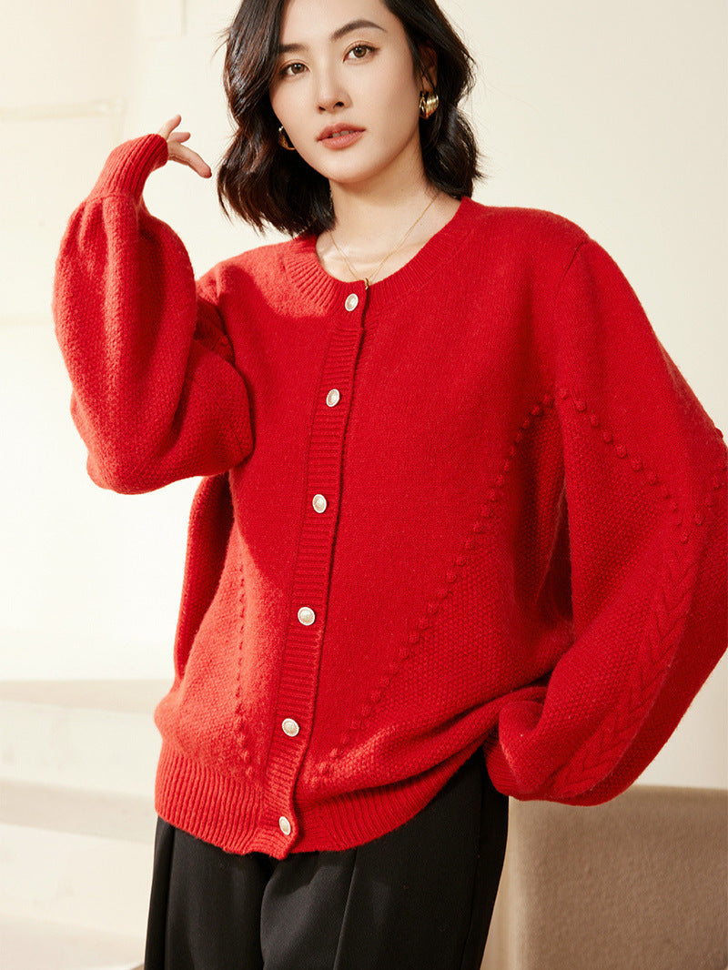 Damen Strickcardigan mit Strukturmuster, Ballonärmeln und Perlmuttknopfleiste Echoarchiv