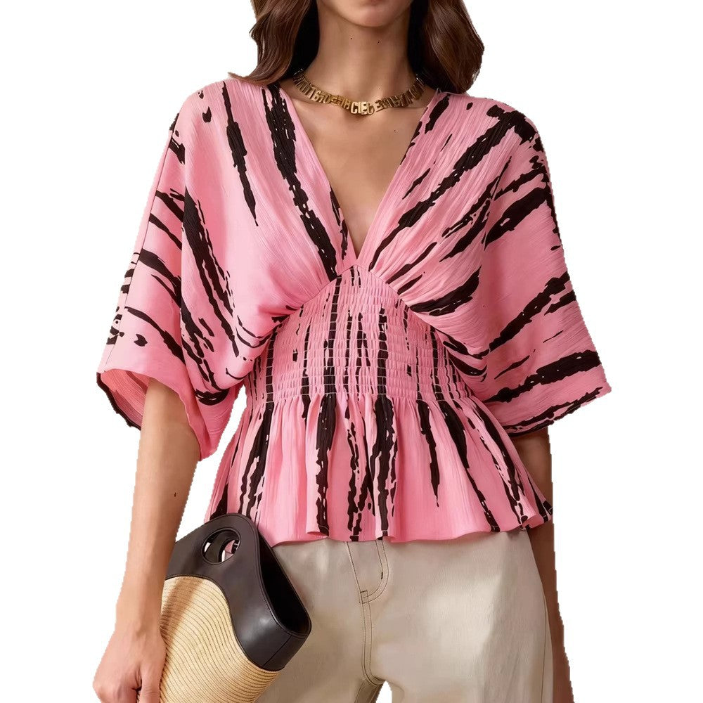 Damen V-Ausschnitt Bluse mit weitem Schnitt und Raffung Echo Archiv
