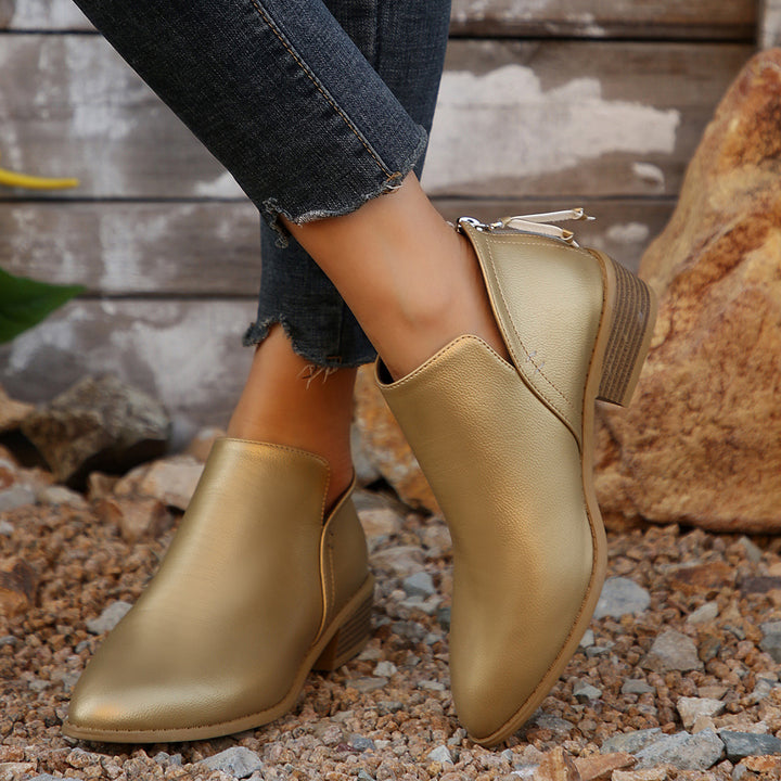 Damen Metallic-Ankleboots mit spitzer Kappe, Rückreißverschluss und niedrigem Blockabsatz Echoarchiv