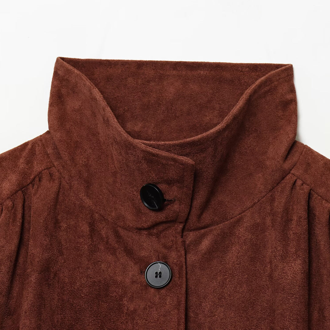 Damen Kurzjacke aus Velourslederimitat mit Stehkragen, gerafften Balloonärmeln und Knopfleiste Echo Archiv
