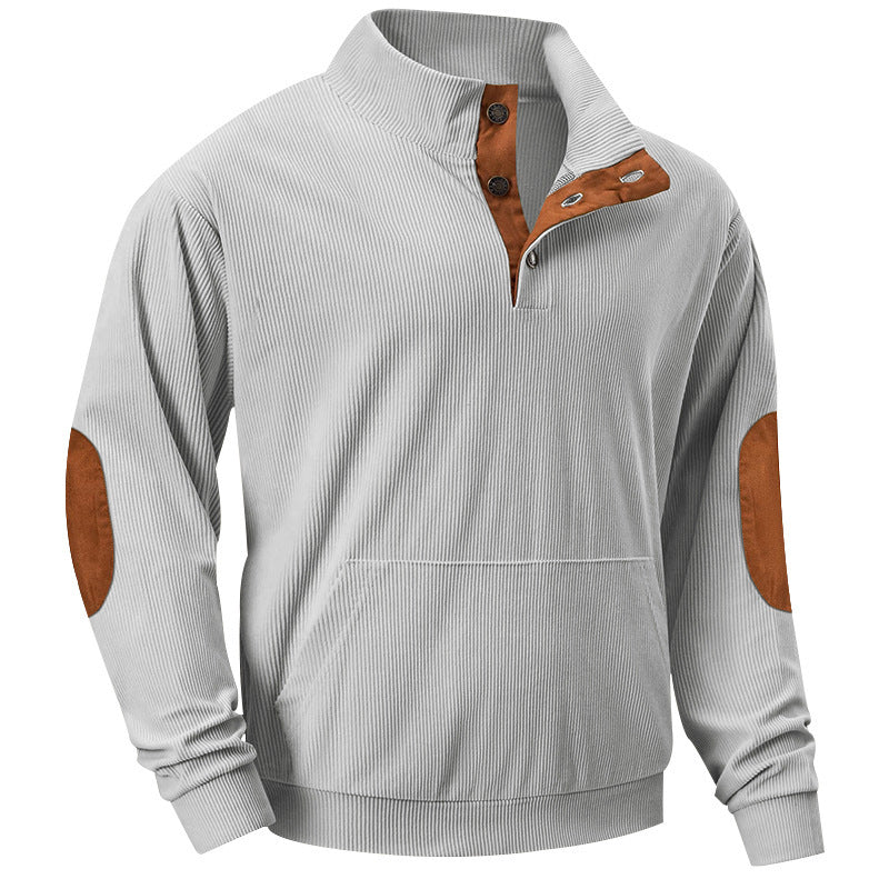 Herren Strukturiertes Ripp-Henley-Sweatshirt mit Stehkragen, Kängurutasche & Velours-Ellbogenpatches – Cavarno