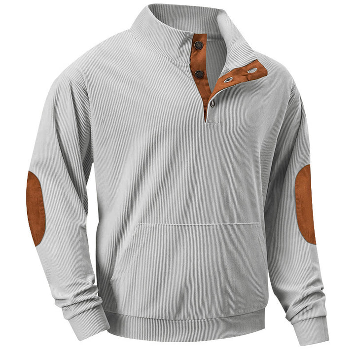 Herren Strukturiertes Ripp-Henley-Sweatshirt mit Stehkragen, Kängurutasche & Velours-Ellbogenpatches – Cavarno
