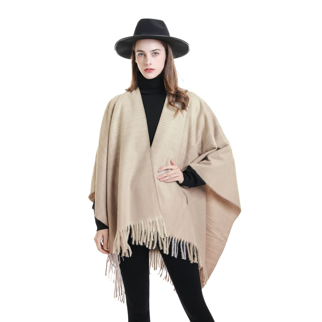 Damen Fransen‑Cape aus Wollmix mit offenem Fall und reversiblem Jacquard Echo Archiv