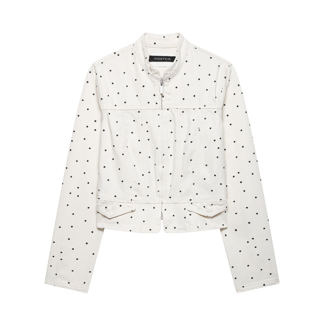 Damen Gepunktete Cropped Jeansjacke mit Stehkragen, Reißverschluss und Pattentaschen Echoarchiv