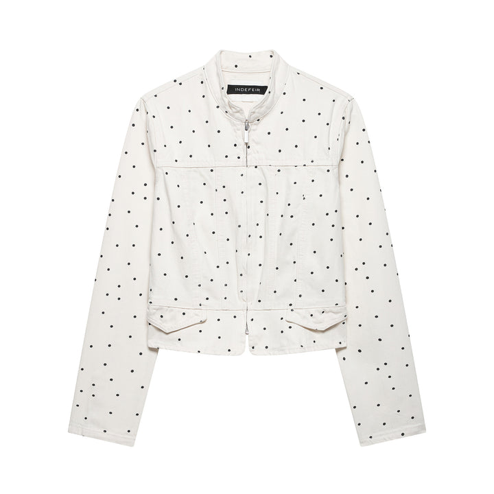 Damen Gepunktete Cropped Jeansjacke mit Stehkragen, Reißverschluss und Pattentaschen Echoarchiv
