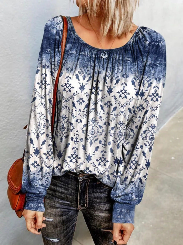 Damen Ethno-Print Oversize-Tunika mit Rundhalsausschnitt und langen Ballonärmeln – Avérine