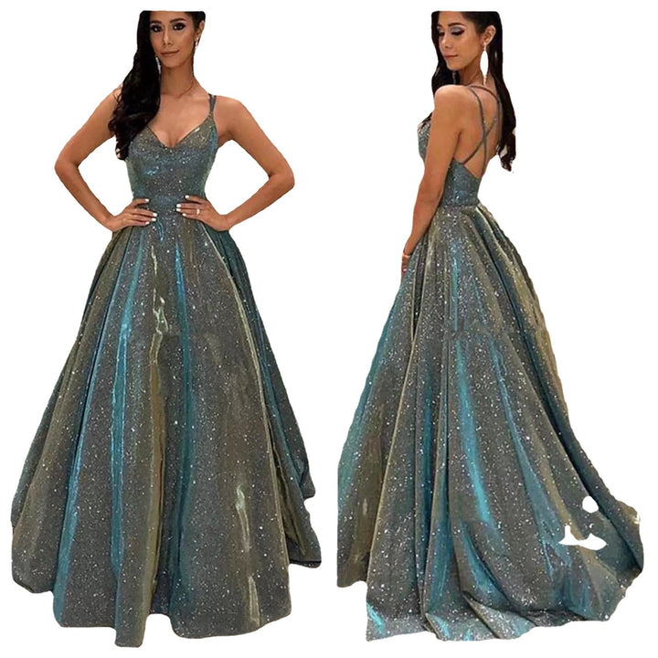 Echoarchiv | Damen Spaghettiträger V-Ausschnitt A-Linie Glitzer Maxikleid