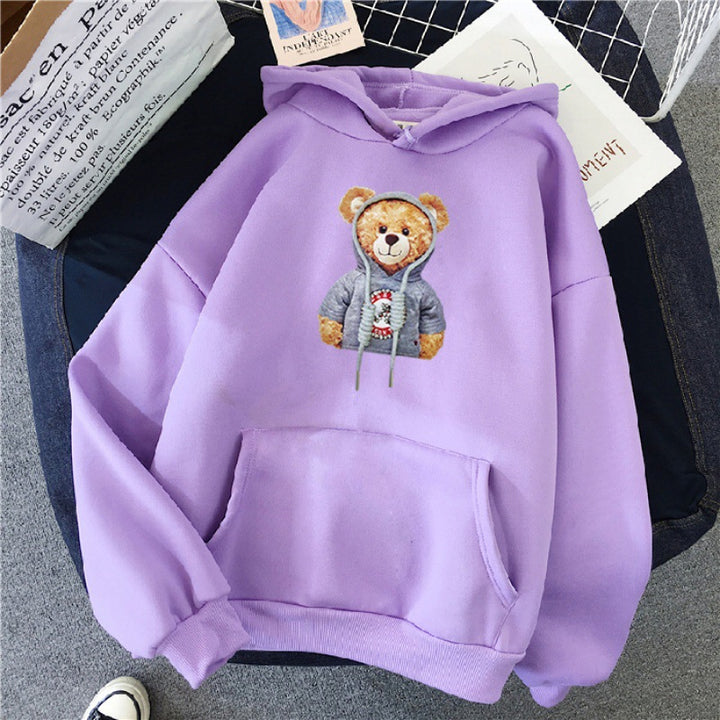 Unisex lässiger Oversize Kapuzenpullover mit Teddy-Frontprint, Kängurutasche und weichem Fleece-Innenfutter – Auréline