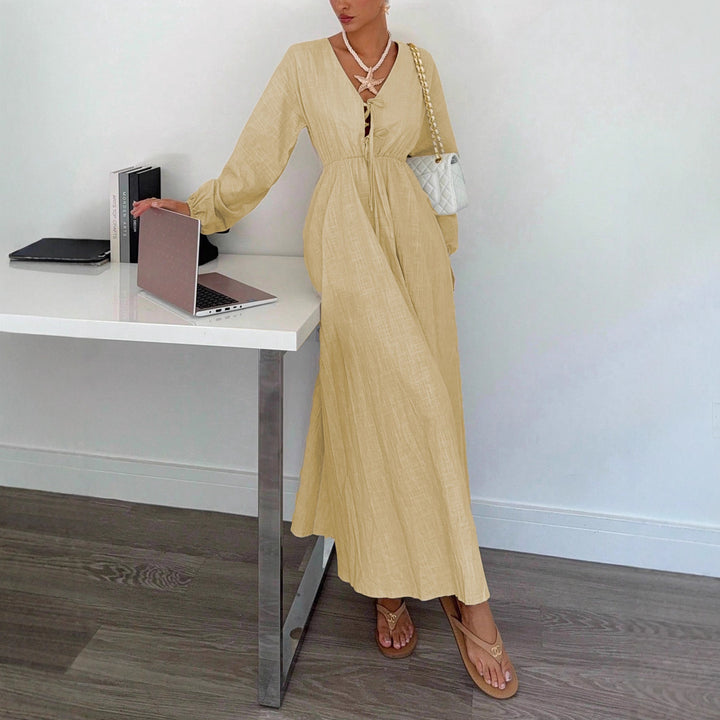 Damen Maxi‑Leinenkleid mit V‑Ausschnitt, Bindefront und Ballonärmeln – Avérine