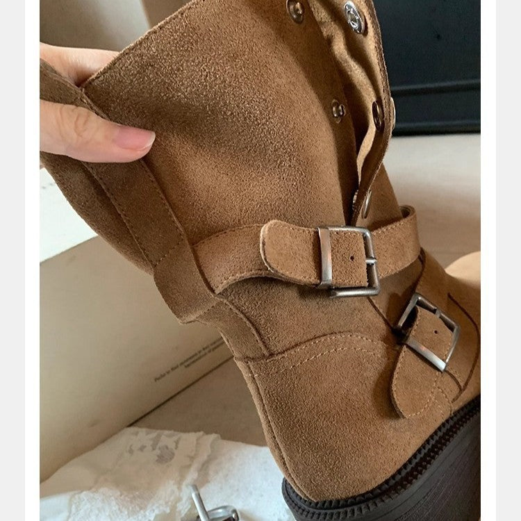 Damen Veloursleder-Bikerstiefel mit Schnallen und mittlerem Blockabsatz Echo Archiv