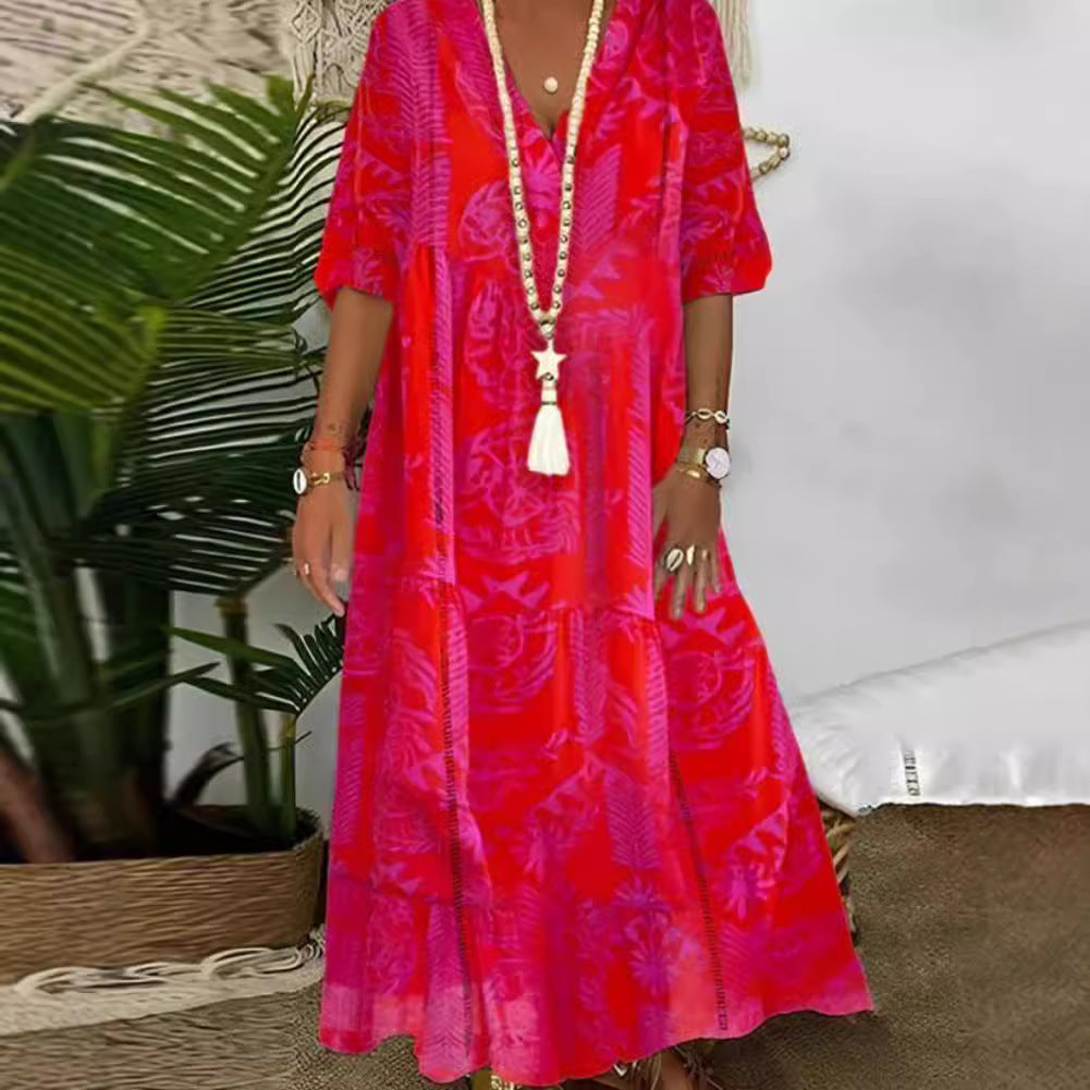 Damen nan Boho-Langkleid mit tiefem V-Ausschnitt, Stufenschnitt und legerer Oversize-Passform Echoarchiv