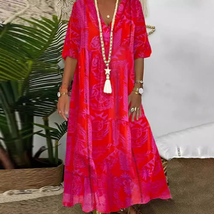 Damen nan Boho-Langkleid mit tiefem V-Ausschnitt, Stufenschnitt und legerer Oversize-Passform Echoarchiv