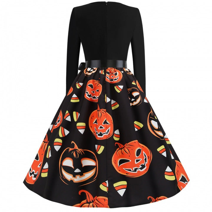 Damen Retro Swing-Kleid mit Halloween Kürbisprint und Taillenschleife – Élara