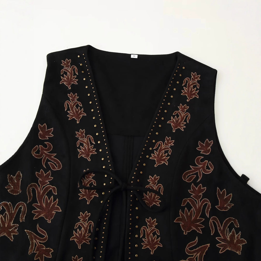 Damen bestickte taillierte Weste mit floraler Stickerei, Metallnieten und Bindeband – Célinea