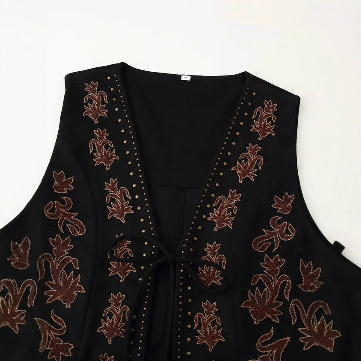 Damen bestickte taillierte Weste mit floraler Stickerei, Metallnieten und Bindeband – Célinea