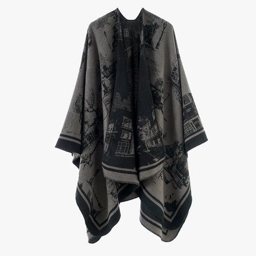 Damen Jacquard‑Capeponcho mit ikonischem Städte‑Jacquard und offenem Oversize‑Fall Echo Archiv