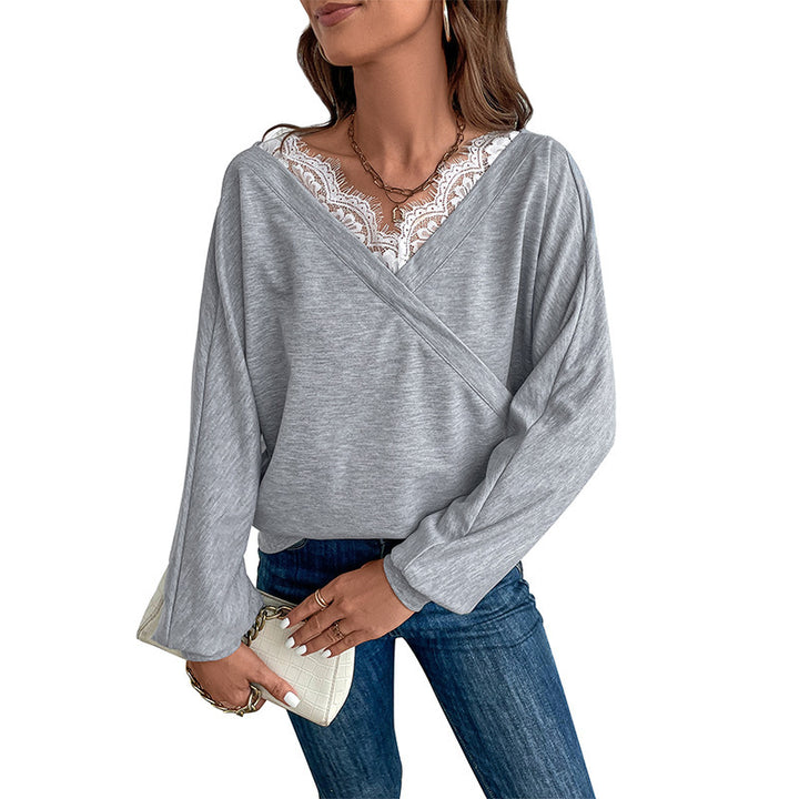 Damen Oversized Wickel-Longsleeve mit Spitzenblende und weitem Arm Echoarchiv