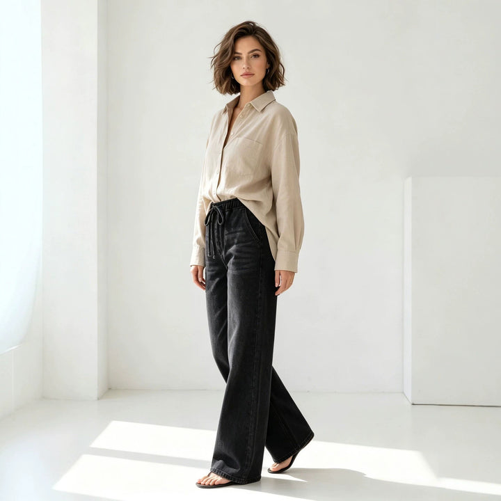 Damen nan Relaxed-Fit Denim-Hose mit elastischem Tunnelzugbund, dezentem Used-Effekt und weitem Bein Echo Archiv