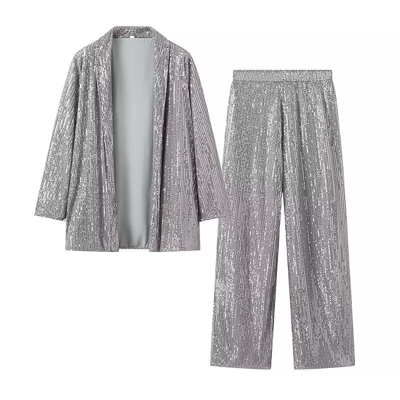 Damen festliches Pailletten-Zweiteiler mit offenem Kimono-Blazer und elastischer Plisseehose – Élanora