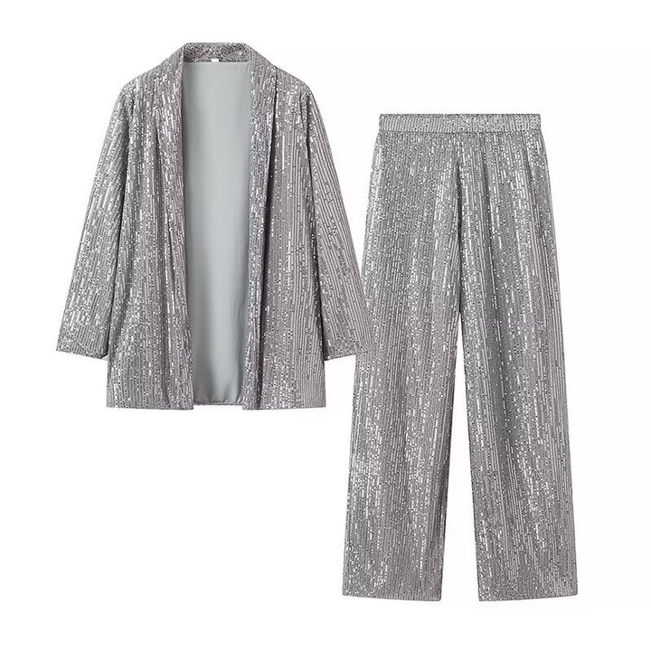Damen festliches Pailletten-Zweiteiler mit offenem Kimono-Blazer und elastischer Plisseehose – Élanora