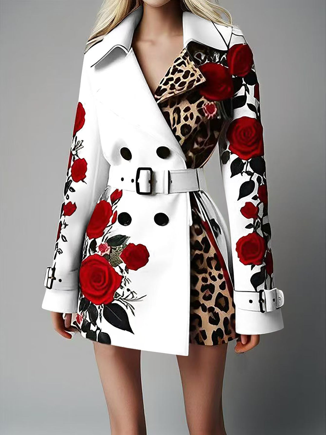 Damen Taillierter Trenchcoat mit Rosenprint und Leoparden-Innenfutter – Montévia