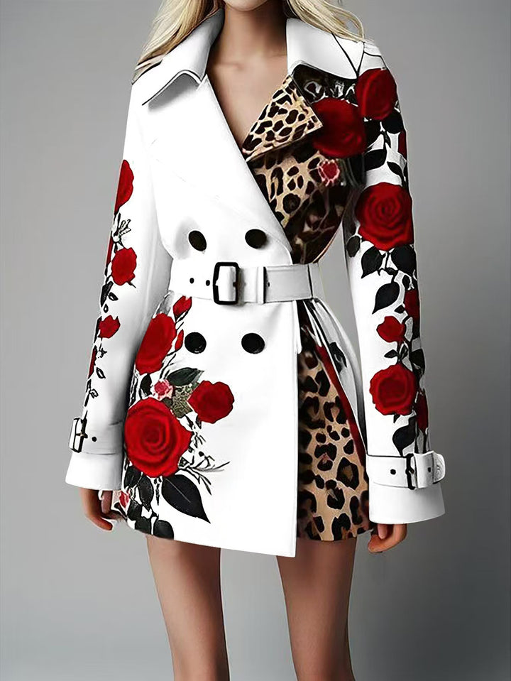 Damen Taillierter Trenchcoat mit Rosenprint und Leoparden-Innenfutter – Montévia