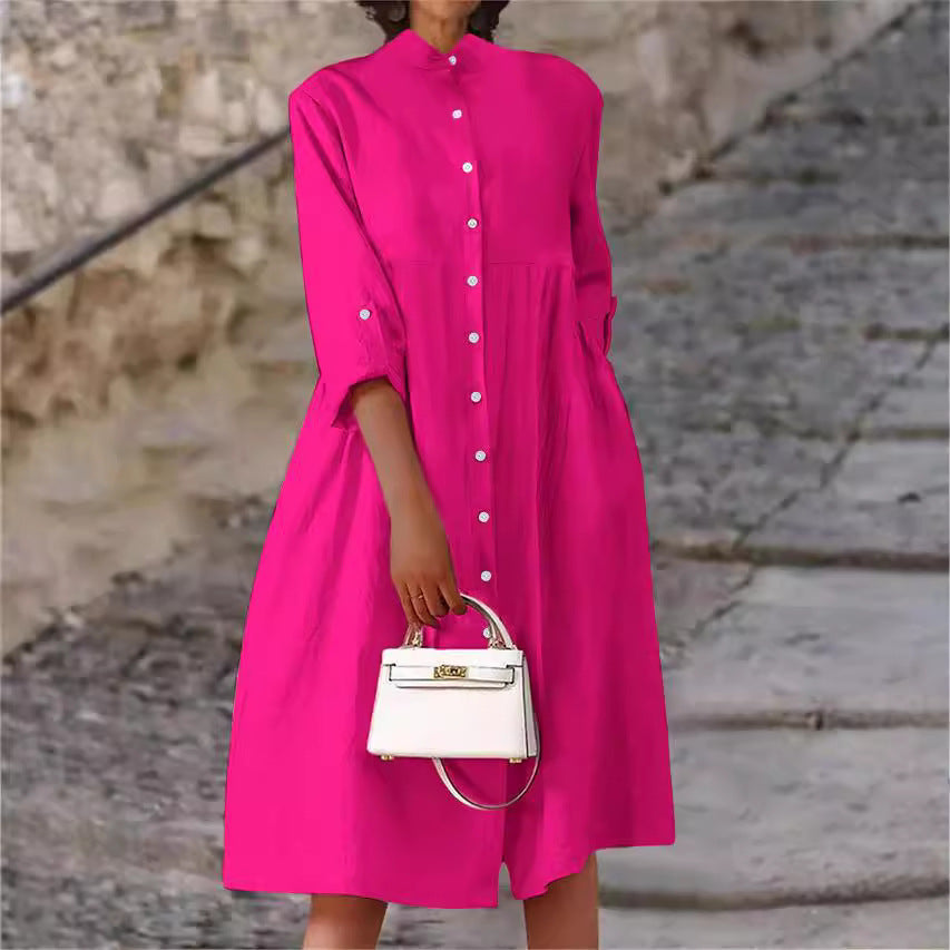 Damen Oversize Midi Kleid im Leinen-Look mit Stehkragen, Knopfleiste und Seiten Taschen – Élara