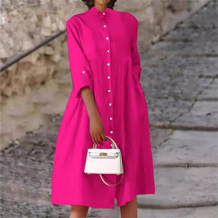 Damen Oversize Midi Kleid im Leinen-Look mit Stehkragen, Knopfleiste und Seiten Taschen – Élara