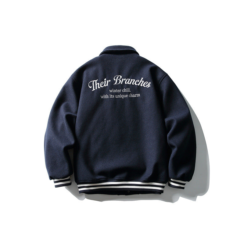 Herren Boxy College‑Blousonjacke aus Wollmix mit Druckknopfverschluss und gestreiften Rippbündchen Echoarchiv