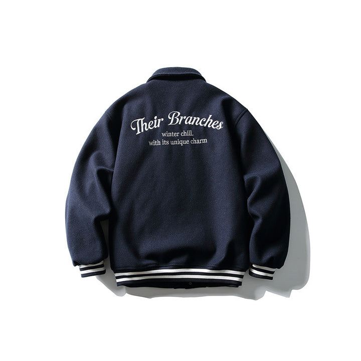 Herren Boxy College‑Blousonjacke aus Wollmix mit Druckknopfverschluss und gestreiften Rippbündchen Echoarchiv