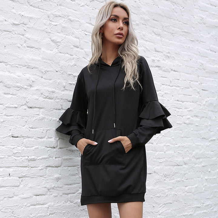 Damen Oversize-Kapuzenkleid mit zweistufigen Volantärmeln und Eingrifftasche Echoarchiv