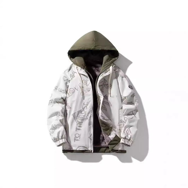 Herren Zweilagige Kapuzenjacke mit Fleece-Innenfutter und Allover-Sketch-Print – Taviero