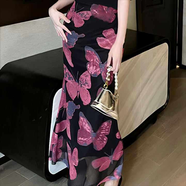 Damen elegantes Maxikleid mit floralem Schmetterlingsmuster und fließendem Stoff Echo Archiv