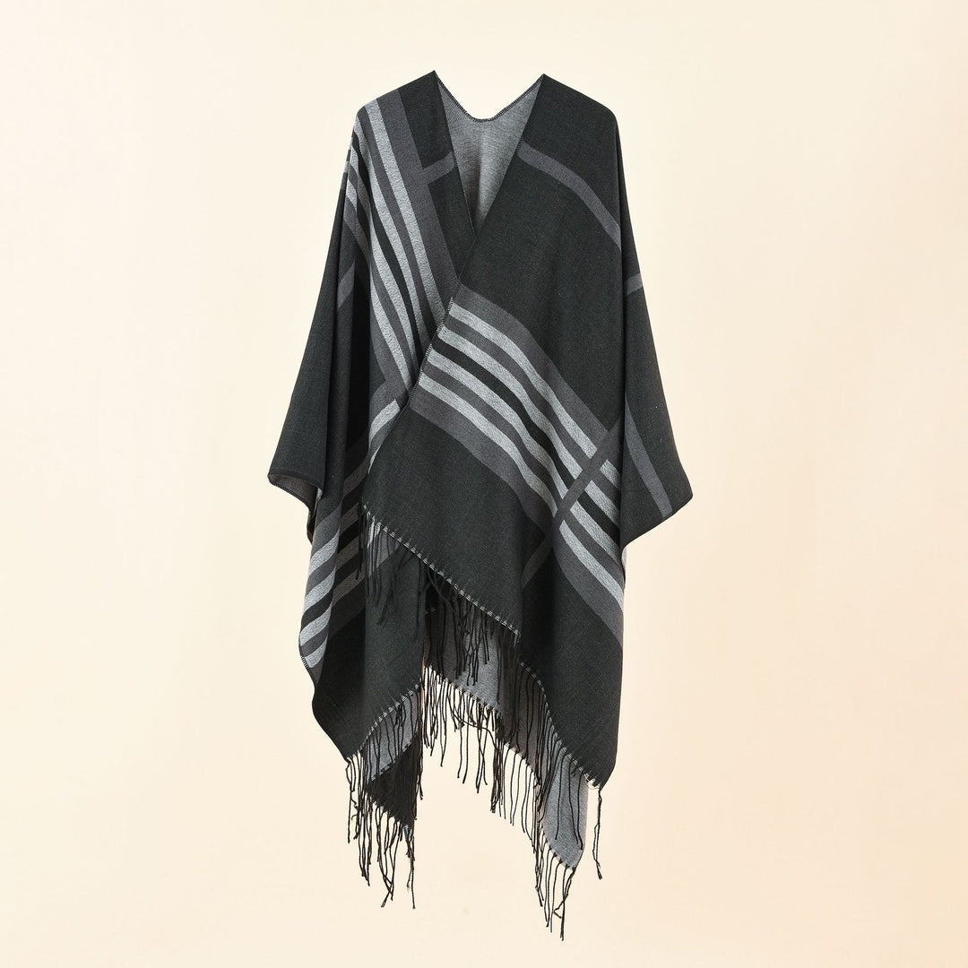 Damen Kastiger Ruana-Überwurf mit Fransen und diagonalem Streifenjacquard Echo Archiv