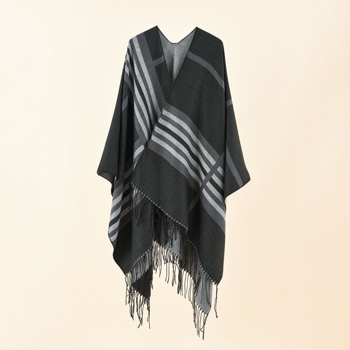 Damen Kastiger Ruana-Überwurf mit Fransen und diagonalem Streifenjacquard Echo Archiv