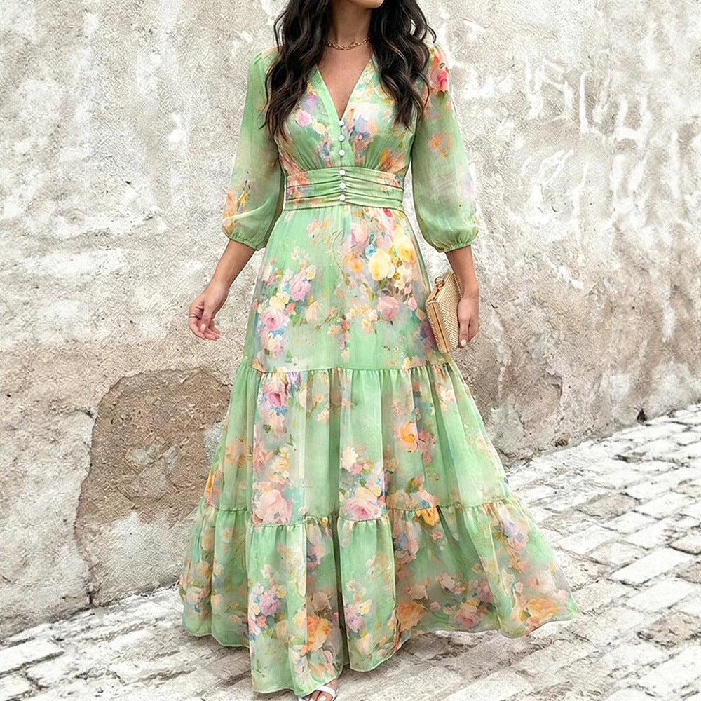 Damen Maxikleid mit Wickeloptik, V-Ausschnitt und geraffter Taillenpartie – Valéora