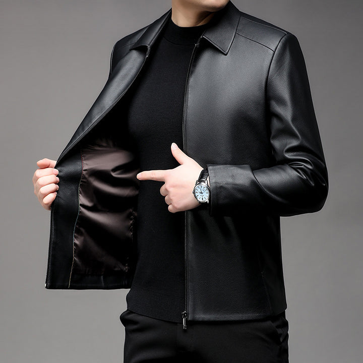 Herren elegante Lederjacke mit minimalistischen Design und steigendem Kragen Echoarchiv
