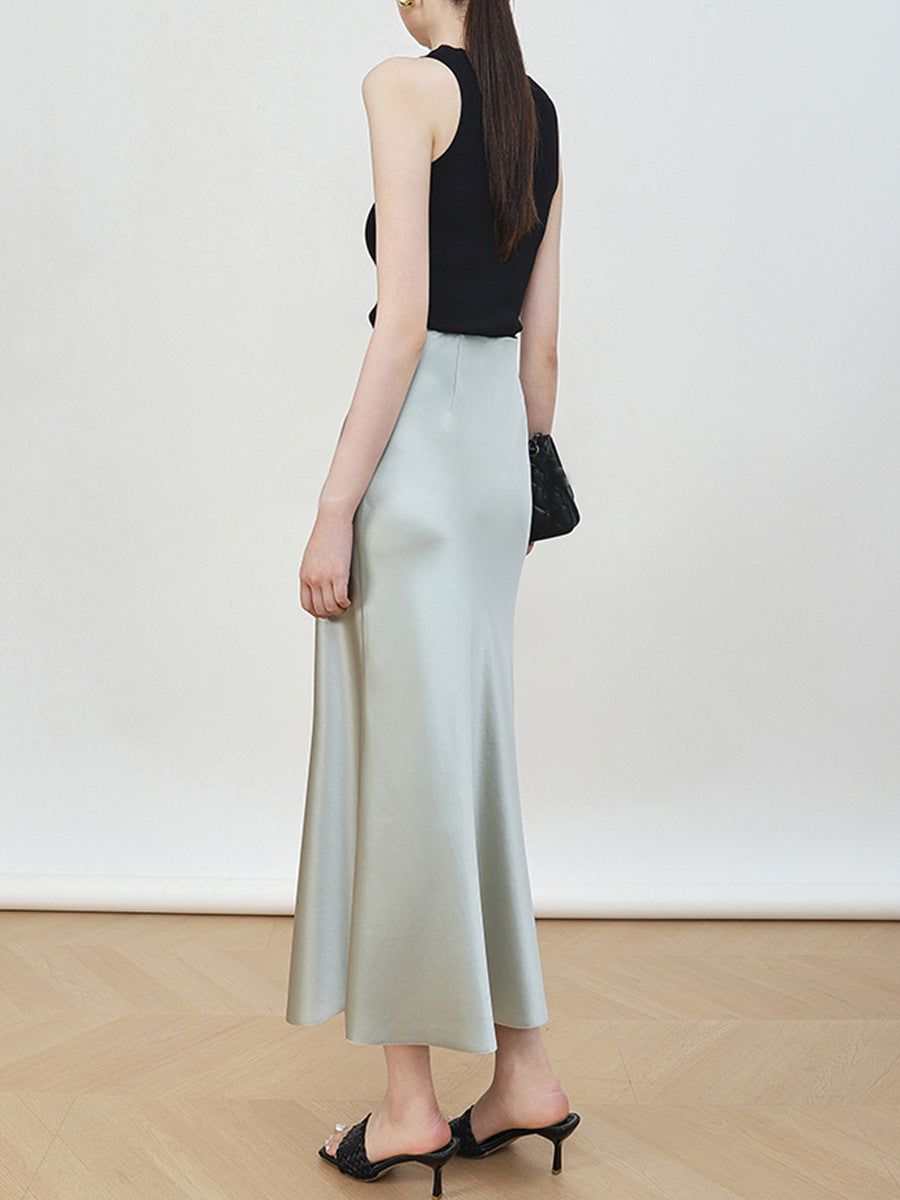 Damen Eleganter Hochtaillierter Satin-Midirock Echoarchiv