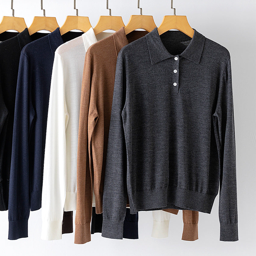 Damen Feiner Langarm-Polo-Pullover aus Feinstrick mit Knopfleiste Echoarchiv