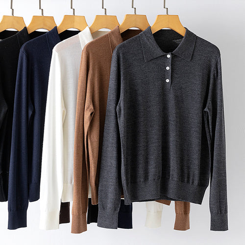 Damen Feiner Langarm-Polo-Pullover aus Feinstrick mit Knopfleiste Echoarchiv