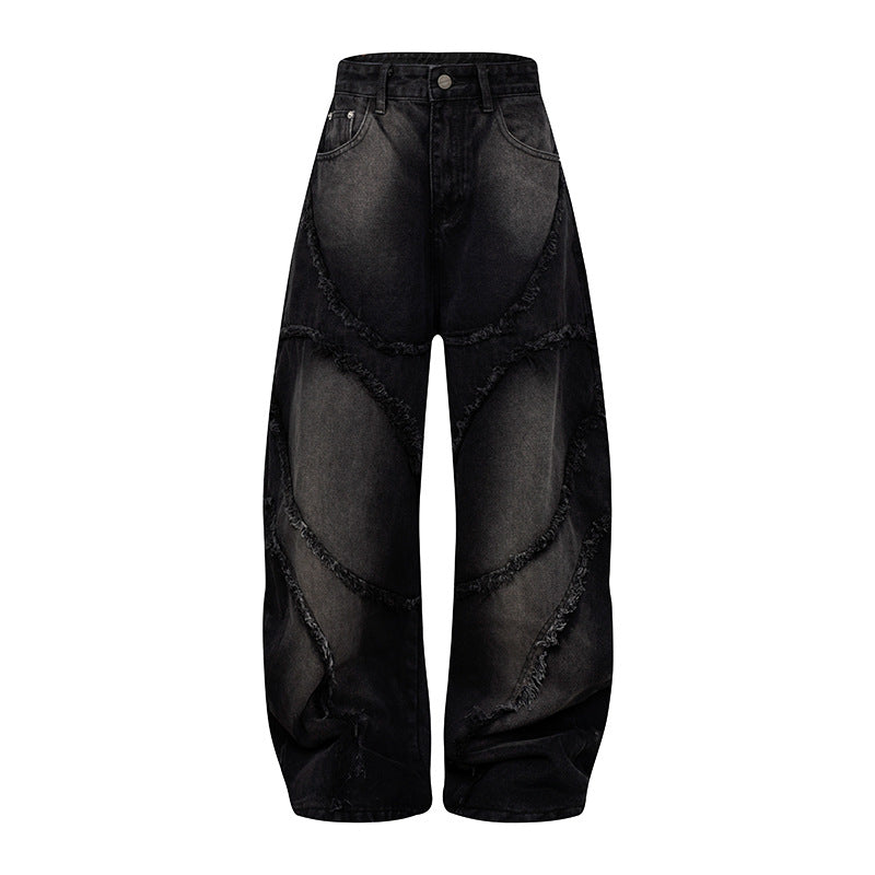 Damen Baggy-Jeans mit hohem Bund, ballonförmiger Weite und ausgefransten Patchnähten Echoarchiv