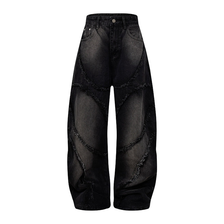 Damen Baggy-Jeans mit hohem Bund, ballonförmiger Weite und ausgefransten Patchnähten Echoarchiv