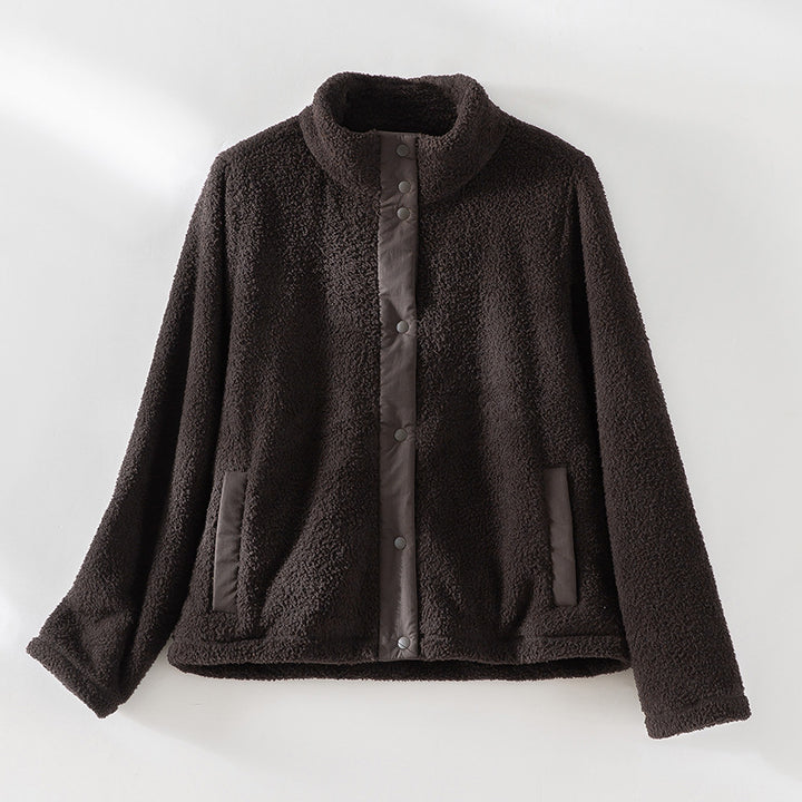 Damen kuschelige Teddy-Fleecejacke mit Stehkragen, Druckknopf-Leiste und kontrastierten Tascheneinfassungen Echoarchiv